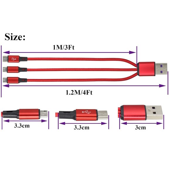 JUJHGRF-2 Pack/4Ft USB C Y Splitter Cable Nylon Braided 5V/2A USB 2.0 A Male 1 to to 2 x Type C Male+1 x Micro USB Male Charge Cable for Smobile Phones and USB Type-C/Micro Devices(Red-2Type C+1Micro
