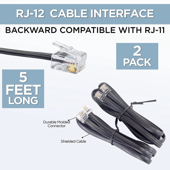 JUJHGRF-[2 Pack 5 Feet RJ11 / RJ12 Data Cable - Heavy Duty 6-Pins High-Speed Extension for Cash Register Drawer, Telephone, Modem, Fax, Printers, and More - Drawer Cable for Voice and Data