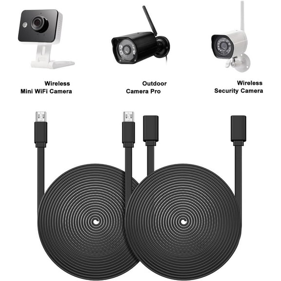 JUJHGRF-2 Pack Micro USB Extension Cable 10 ft/ 3 Meters Male to Female Extender Cord Compatible with Wireless Security Camera Flat Power Cable, Cable Clips Included (Black)