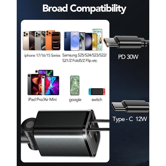 JUJHGRF-[2025 Ultra-Compact] Retractable Car Charger 4 in 1, 69W Charger Compatible with iPhone 17 Fast Charging, Car Accessories, Car Adapter for iPhone 17/16/15/14/13/Galaxy