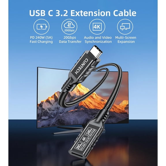 JUJHGRF-20Gbps USB C 3.2 Extension Cable 3.3ft 2-Pack, 240W Fast Charging 4K@60Hz Video 20Gbps Data Transfer for Thunderbolt 4/3, for iPhone16/15 iPad Samsung Galaxy S24/S23 Phone Tablet Laptop USB C