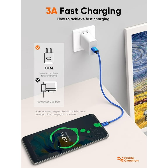 JUJHGRF-2FT USB to USB C Cable, Blue USB A to USB C Cable 3A Fast Charging Braided USB C Male to USB Male Cable for Power Bank, Galaxy S23, iPad Pro iPad mini S22 S21 Z Flip, etc, Blue