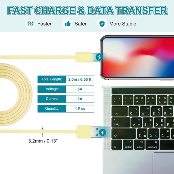 JUJHGRF-6.56ft USB Type C Charger Cable, 2A Type-C to USB A Braided Charging Cord Data Transfer Cable for Tablet Phone LED Desk Lamp Drone, Yellow