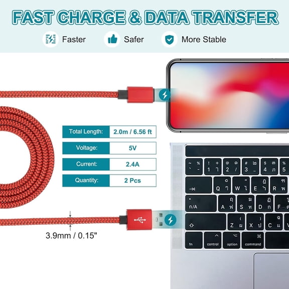 JUJHGRF-6.56ft USB Type C Charger Cable, 2pcs 2.4A Type-C to USB A Braided Charging Cord Data Transfer Cable for Tablet Phone LED Desk Lamp Drone, Red