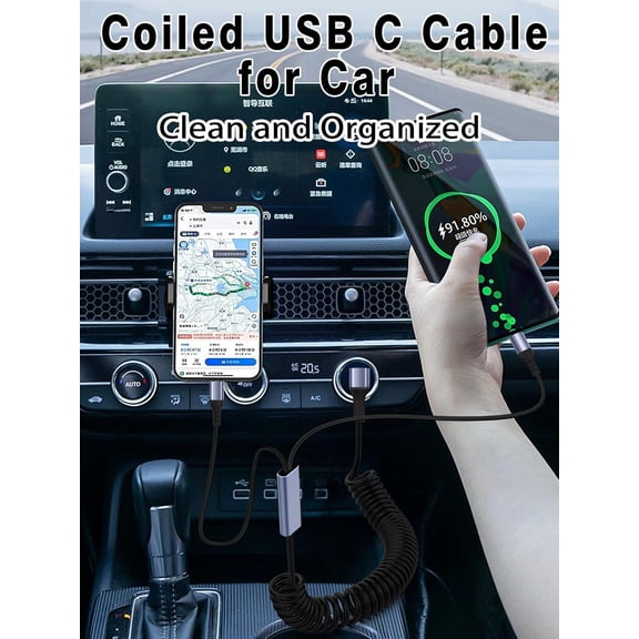 JUJHGRF-66W 90 Degree USB C Retractable Spring Splitter Cable with Micro-USB+Type C Connector for Phone,PC,Android,Coiled Multi USB Charging Cable,6A Fast Charging Cord (Type C+Mirco USB)