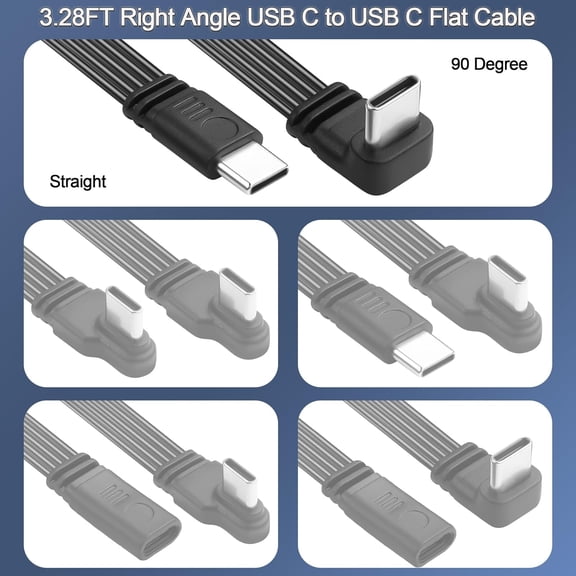 JUJHGRF-90Degree USB C to C Cable,USB 2.0 Type C Flat Cord, Right Angle Type C Male to Male Extension Cable Support Charging and Data Transfer for Laptop,Phones, Car 1M (Down Angle to Male)