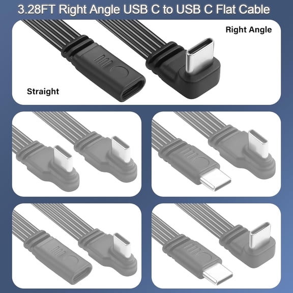JUJHGRF-90Degree USB C to C Cable,USB 2.0 Type C Flat Cord, Right Angle Type C Male to Male Extension Cable Support Charging and Data Transfer for Laptop,Phones, Car 1M (Down Angle to Female)