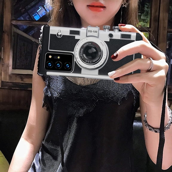 JUJHGRF-Camera Phone Case Galaxy Note 20 6.7 inch Camera Case Vintage Cover Cute 3D Cool Unique Camera Design PC Silicone Cover with Removable Neck Strap Lanyard for Girls Women Black