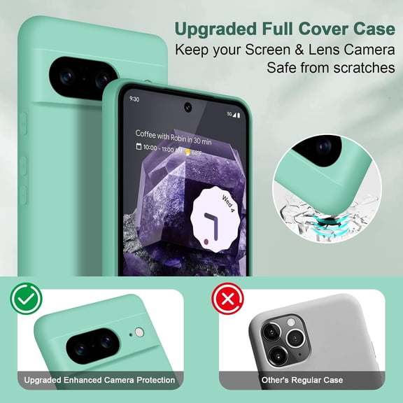 JUJHGRF-Case for Google Pixel 8, Soft Silicone Case with Upgraded Camera Protection, Shockproof Slim Case Cover with Anti-Scratch Microfiber Lining, Mint Green