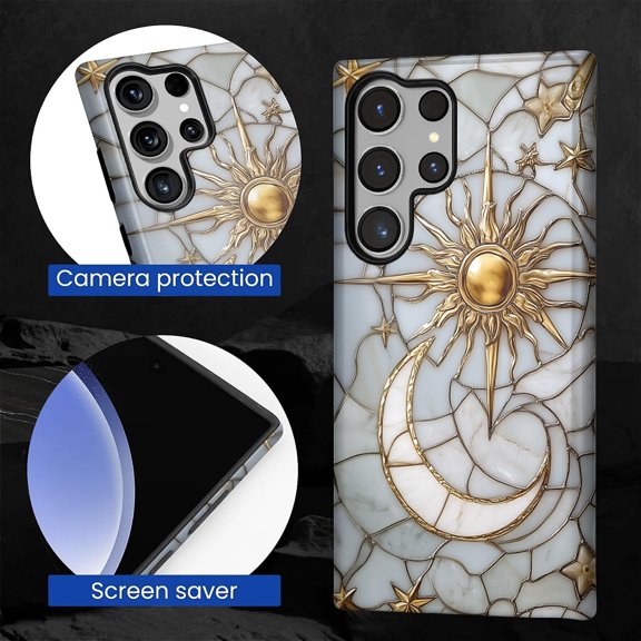 JUJHGRF-Case for Samsung Galaxy S23 Ultra,Stained Glass Stars Moon Sun Full Body Design - Hybrid Dual Protection Soft TPU + Hard PC, Shockproof & Scratch-Resistant Protective Case for Men Women