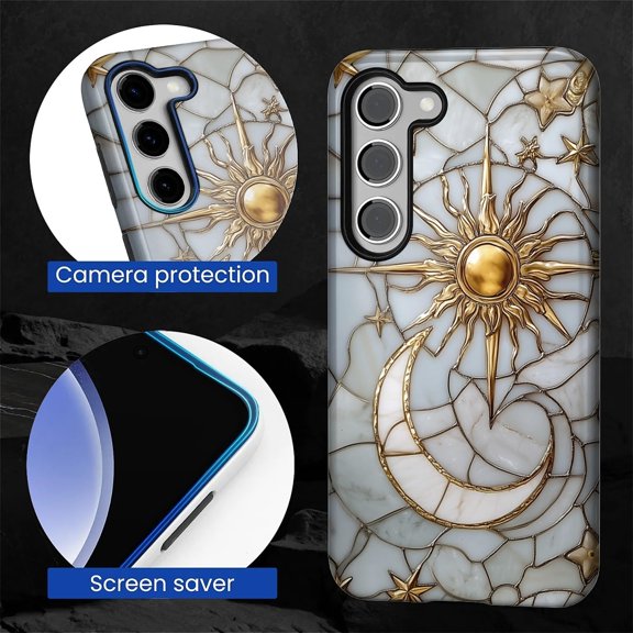 JUJHGRF-Case for Samsung Galaxy S24,Stained Glass Stars Moon Sun Full Body Design - Hybrid Dual Protection Soft TPU + Hard PC, Shockproof & Scratch-Resistant Protective Case for Men Women