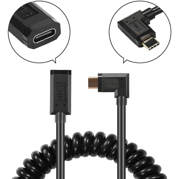 JUJHGRF-Coiled USB C Extension Cable, 90 Degree USB C Coiled Cable, Spring Spiral Coiled USB Type C Male to Female Extension Cable for Laptop, Smartphone, Stretched1.2m