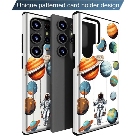 JUJHGRF-Compatible with Samsung Galaxy S25 Ultra Case Cute with Card Holder/Shockproof Slim Slot Wallet Phone Cover for Women/Astronaut Space Planets Spaceman Cosmo Galaxy
