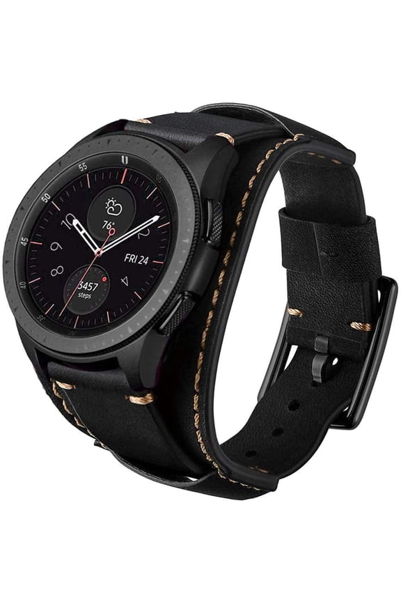 -Compatible with Samsung Galaxy Watch 46mm/Watch 3 45mm/Gear S3 Frontier/HUAWEI Watch 3/Garmin Vivoactive 4/Fossil Q/TicWatch Pro3 Bands,22mm Vintage Genuine Leather Cuff Band Strap(Black)