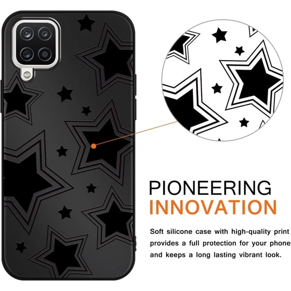 JUJHGRF-Cute Cool Star Phone Case for Samsung Galaxy A12 4G 6.5", Aesthetic Coquette Black Pattern Print Design Case Soft Slim Shockproof TPU Protective Funda Cover for Women Girls