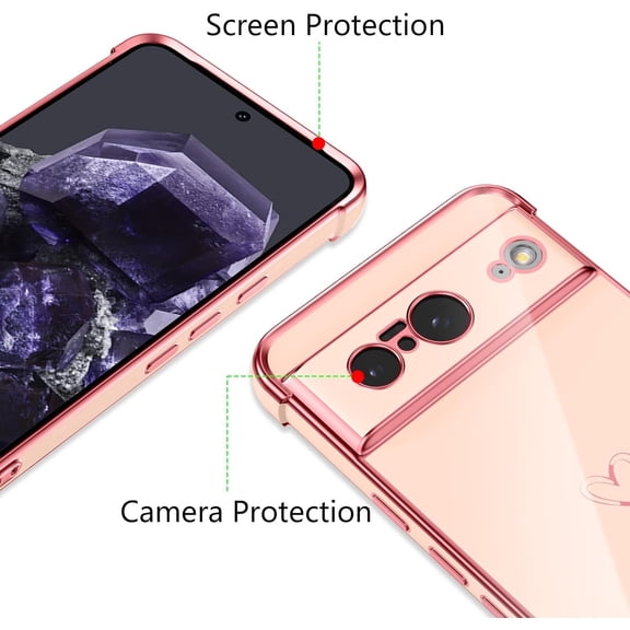 JUJHGRF-Designed for Google Pixel 8 6.2 inch Case,Cute Plating Edge Love Hearts Pattern with Camera Lens Protection Phone Cover for Girls Women,Pink
