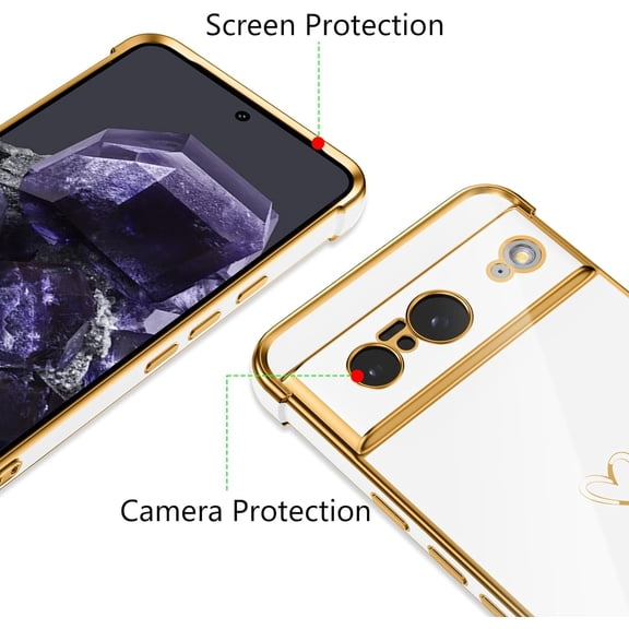 JUJHGRF-Designed for Google Pixel 8 6.2 inch Case,Cute Plating Edge Love Hearts Pattern with Camera Lens Protection Phone Cover for Girls Women,White
