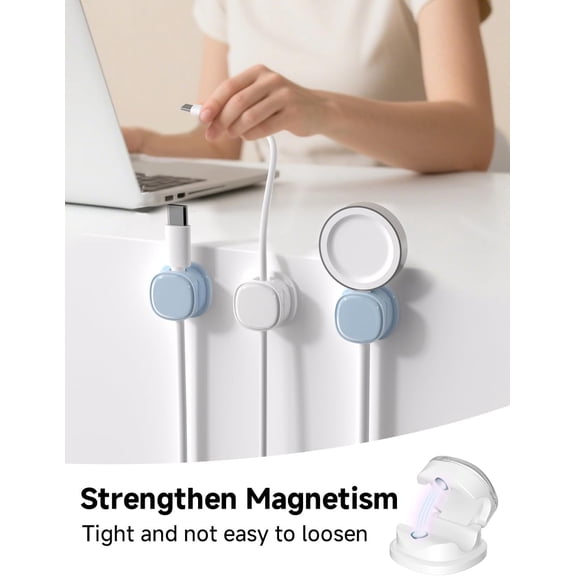 JUJHGRF-Magnetic Cable Clips, Adjustable Cord Holder Management, Adhesive Wire Keeper Organizer for Home Office Desk Phone PC Car Wall Desktop Nightstand Appliance (9-PCS White & Blue)