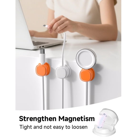 JUJHGRF-Magnetic Cable Clips, Adjustable Cord Holder Management, Adhesive Wire Keeper Organizer for Home Office Desk Phone PC Car Wall Desktop Nightstand Appliance (9-PCS White & Orange)
