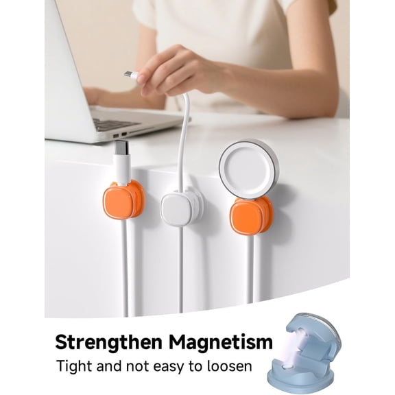 JUJHGRF-Magnetic Cable Clips, Adjustable Cord Holder Management, Adhesive Wire Keeper Organizer for Home Office Desk Phone PC Car Wall Desktop Nightstand Appliance (9-PCS White_Orange_Blue)