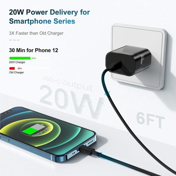JUJHGRF-Phone Charger Fast Charging 6 FT, Long USB C to Lighting Cable 6 Foot with 20W USB C Rapid Phone Charger Block, Compatible with iPhone 14 Pro/13Pro Max/12/11Pro/Mini, 2 Pack -Black