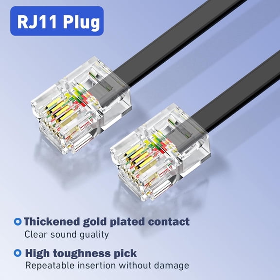 JUJHGRF-Phone Extension Cord 25 Ft, Telephone Cable with Standard RJ11 Plug and 1 in-Line Couplers and 20 Cable Clip Holders, Black