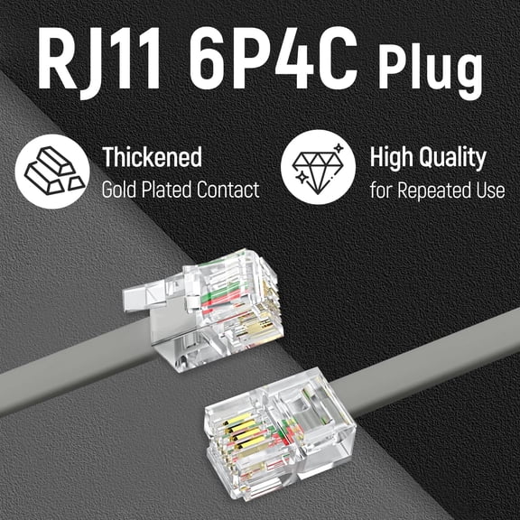 JUJHGRF-Phone Extension Cord 33 Ft, Telephone Cable with Standard RJ11 Plug and 1 in-Line Couplers and 20 Cable Clip Holders, Grey