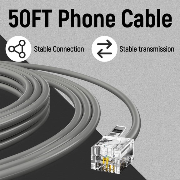 JUJHGRF-Phone Extension Line, 50 FT Grey Long Telephone Extension Line Cord Cable Wire,RJ11 6P4C Phone Cord for Home/Office