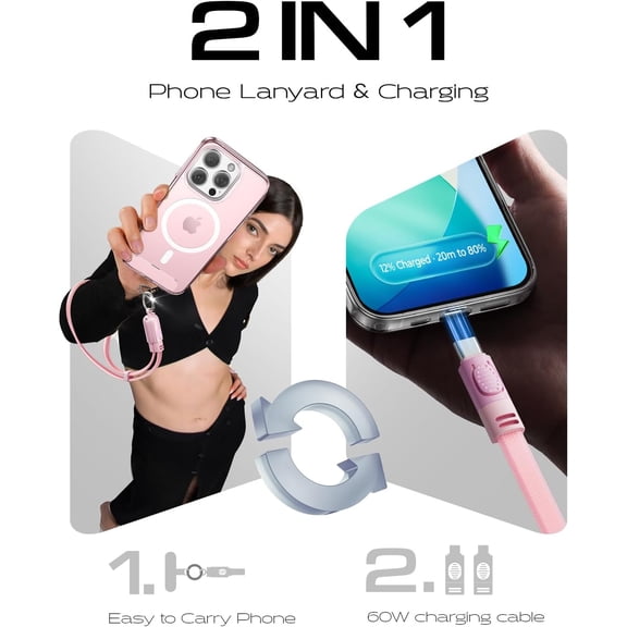JUJHGRF-Phone Lanyard, 60W USB C Cable Phone Wrist Strap, Anti Theft Phone Strap, Phone Charm with 2 Pack Tether Tab, Wrist Lanyard for Women and Men, Teacher, Pink