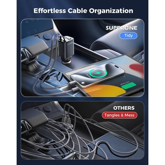 JUJHGRF-Retractable Car Charger, 99W Car Phone Charger with Cables Fast Charging, USB C Car Charger Adapter for iPhone 17 16 15 14 13 12, Samsung, Black