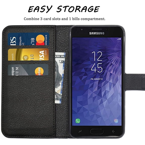 JUJHGRF-Samsung Galaxy J7 2018 Case Wallet, Galaxy J7 Star/Crown/Refine/Top/Aura Case Cover Black for Men with Card Holder Kickstand Slim PU Leather Flip Protective Case for Samsung Galaxy J7 2018