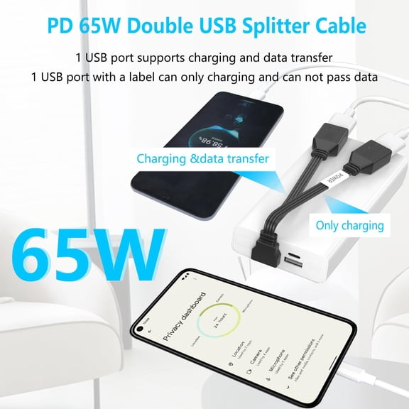 JUJHGRF-Short 90 Degree PD 65W USB 2.0 Fast Charge Cord Flat USB 2.0 Male to 2 Female Cable Double USB Splitter Data Transfer Cable for Phones,Tablets, Laptops 10CM (Left Angle)