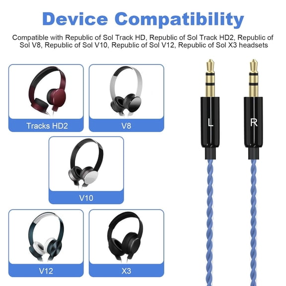 JUJHGRF-Sol Republic Cable Compatible with Sol Republic Tracks HD, Tracks HD2, V8, V10, V12, X3 Headphones, Sol Republic Headphone Cable Works on iPhone Samsung & Android Phone (Blue)