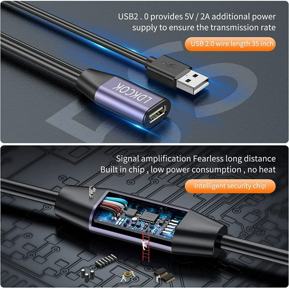 JUJHGRF-USB 2.0 Type A Male to A Female Active Repeater Extension Cable 30ft, High Speed 480 Mbps
