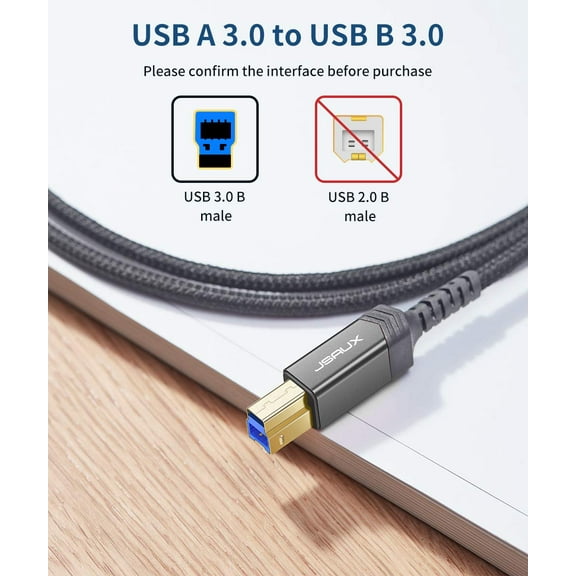 JUJHGRF-USB 3.0 Printer Cable, Type A Male to B 3.0 Male (6.6ft/2M) USB 3.0 Type B Upstream Cord Nylon Braided Compatible with Docking Station, External Hard Drivers, Scanner, Printer and More(Grey)