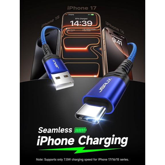 JUJHGRF-USB C Cable Fast Charging 3-Pack(10ft+6.6ft+3.3ft), USB A to Type C Charger Cord for iPhone 17/17 Pro/17 Pro Max, iPhone 16/16 Pro/16 Pro Max, Samsung Galaxy S23 S22 S20, USB C Charger(Blue)