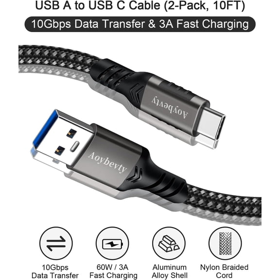 JUJHGRF-USB to USB C Cable [2 Pack 10ft], 10Gbps Data Transfer and 60W 3A Fast Charging Cable, USB C 3.1/3.2 Cable for Samsung Galaxy S21/S20/S10/S8/ Note 20/9,LG 7/8,Other Type-A to Type-C Devices