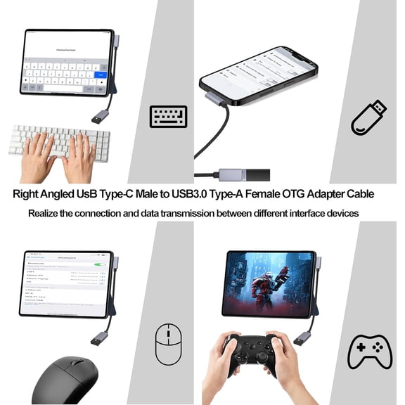 JUJHGRF-USB3.0 to Type-C OTG Adapter Cable 5GB Right Angled USB C Male to USB A Female Charge Data Transfer Connector Cable for Phone Laptop Tablet -30CM/1FT, 2 Pack (Left/Right Angle)