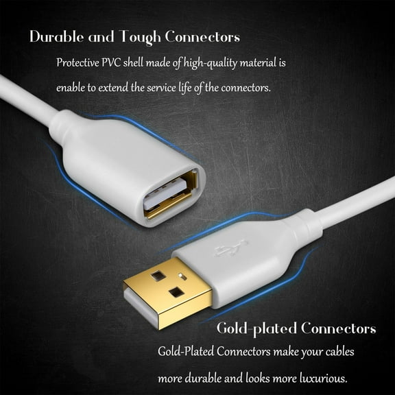 JUJHGRF-White USB Extension Cable, 2-Pack USB 2.0 10ft/3m Type A Male to A Female Extension Cord White USB Extender Cable with Gold-Plated Connectors
