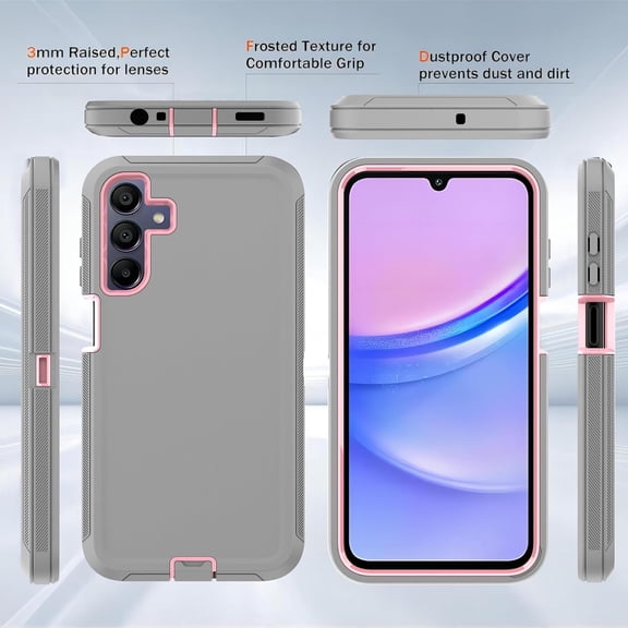 JUJHGRF-for Galaxy A15 5G Case with Explosion-Proof Film[2 Pack],3 in 1 Shockproof TPU Hard PC Bumper Drop-Proof Shell for Samsung Galaxy A15 5G,Lihgt Gray/Pink
