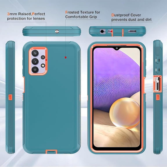 JUJHGRF-for Galaxy A32 5G Case with Explosion-Proof Film[2 Pack],3 in 1 Shockproof TPU Hard PC Bumper Drop-Proof Shell for Samsung Galaxy A32 5G Lake Blue/Orange