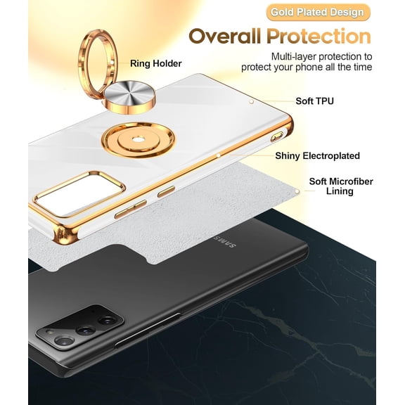 JUJHGRF-for Note 20 Case: 360 Rotatable Ring Holder Magnetic Kickstand, Plating Rose Gold Edge Protective for Samsung Galaxy Note 20 Case, White