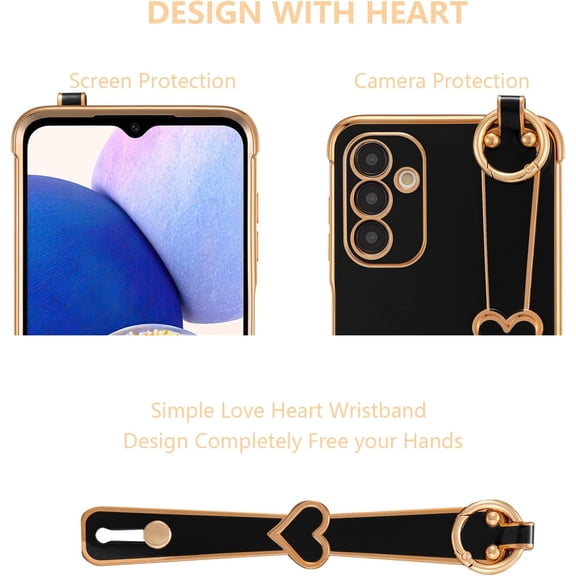 JUJHGRF-for Samsung Galaxy A15 5G Case with Wrist Strap,Luxury Cute Plating Edge Love Hearts Pattern for Girls Women, Finger Holder Kickstand Soft Shockproof Phone Case for Galaxy A15 6.5",Black