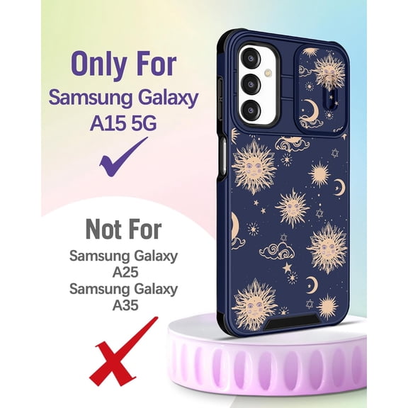 JUJHGRF-for Samsung Galaxy A15 5G Phone Case 6.5 Inch - with Ring Stand & Camera Cover Aesthetic Cute Designed Women Girls Sun Moon Stars for Samsung Galaxy A15 5G Case Compatible with Magsafe