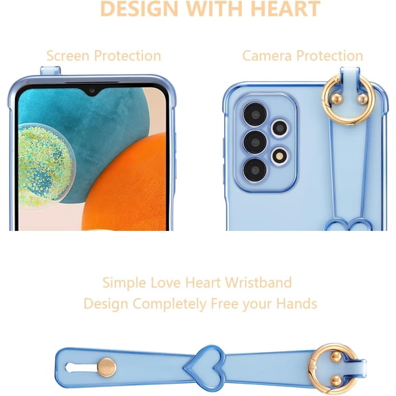 JUJHGRF-for Samsung Galaxy A23 4G/5G Case with Wrist Strap,Luxury Cute Plating Edge Love Hearts Pattern for Girls Women, Finger Holder Kickstand Soft Shockproof Phone Case for A23 6.6",Blue