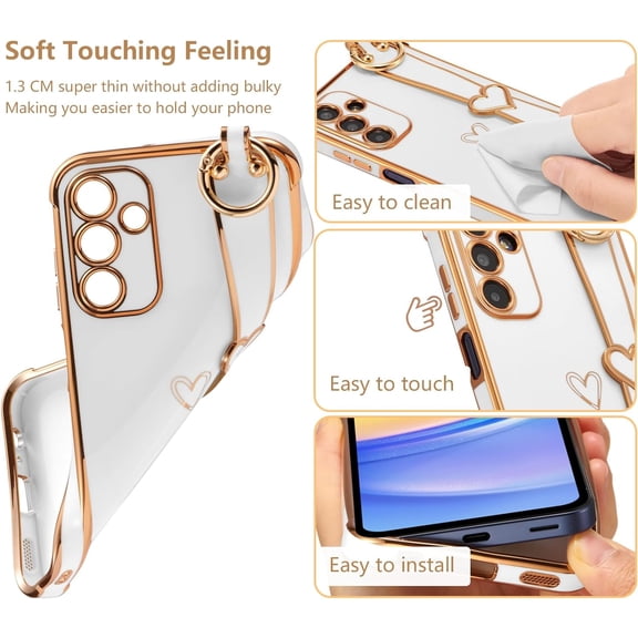 JUJHGRF-for Samsung Galaxy A55 5G Case with Wrist Strap,Luxury Cute Plating Edge Love Hearts Pattern for Girls Women, Finger Holder Kickstand Soft Shockproof Phone Case for Galaxy A55 6.5",White
