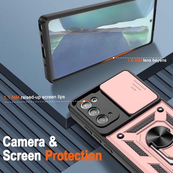 JUJHGRF-for Samsung Galaxy Note 20 5G Case with (2 Pcs) HD Screen Protector, Heavy Duty Shockproof with 360 Rotation Kickstand [Military Grade] Protective Case for Note 20, Rose Gold