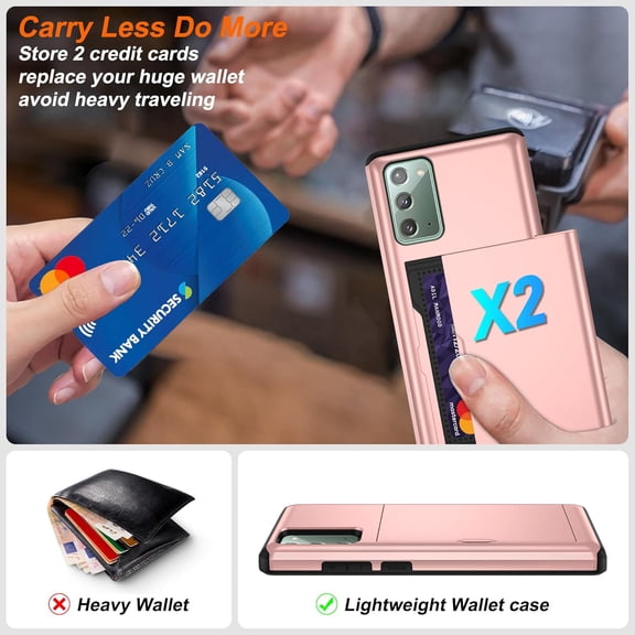 JUJHGRF-for Samsung Galaxy Note 20 Case with Card Holder and (2 Pcs) HD Screen Protector, Slim Heavy Duty Dual Layer Shockproof Design & Hidden Card Slot Wallet Case for Galaxy Note 20 Case-Rose Gold