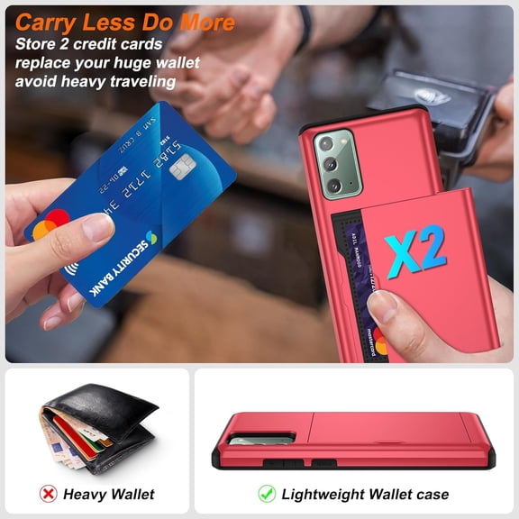 JUJHGRF-for Samsung Galaxy Note 20 Case with Card Holder and (2 Pcs) HD Screen Protector, Slim Heavy Duty Dual Layer Shockproof Design & Hidden Card Slot Wallet Case for Galaxy Note 20 Case-Red