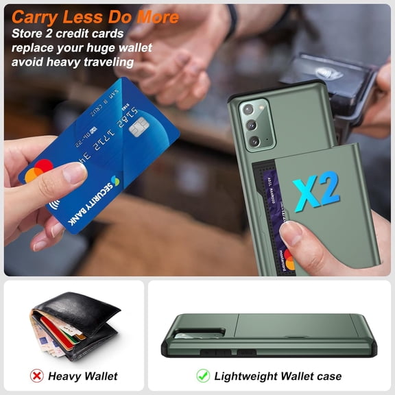 JUJHGRF-for Samsung Galaxy Note 20 Case with Card Holder and (2 Pcs) HD Screen Protector, Slim Heavy Duty Dual Layer Shockproof Design & Hidden Card Slot Wallet Case for Galaxy Note 20 Case-Green